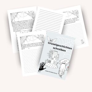 Cover und gestaltete Seiten des Workbooks Gruselgeschichten schreiben für Kinder. Kreatives Schreiben lernen.